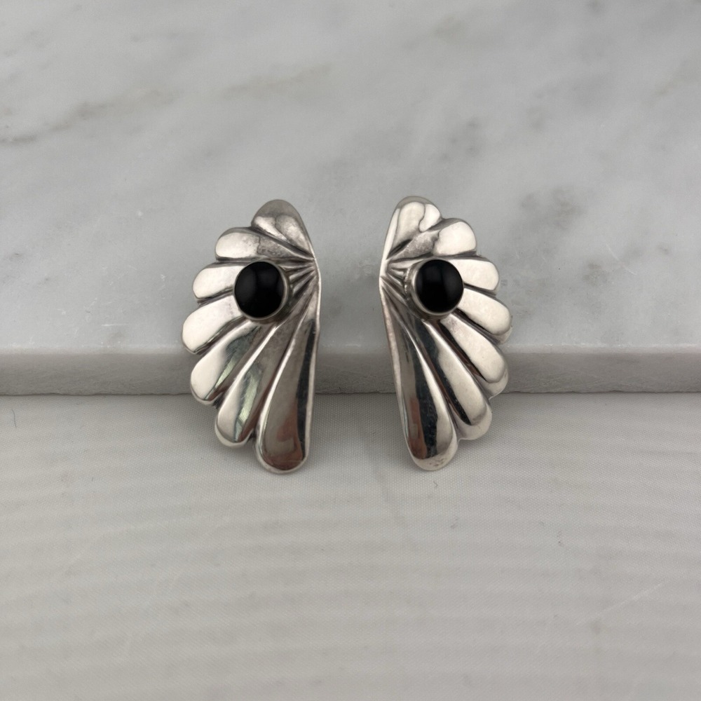 Sterling Silver Black Onyx Wings Fans Shells MCM Post Earrings Tribal Aztec Art